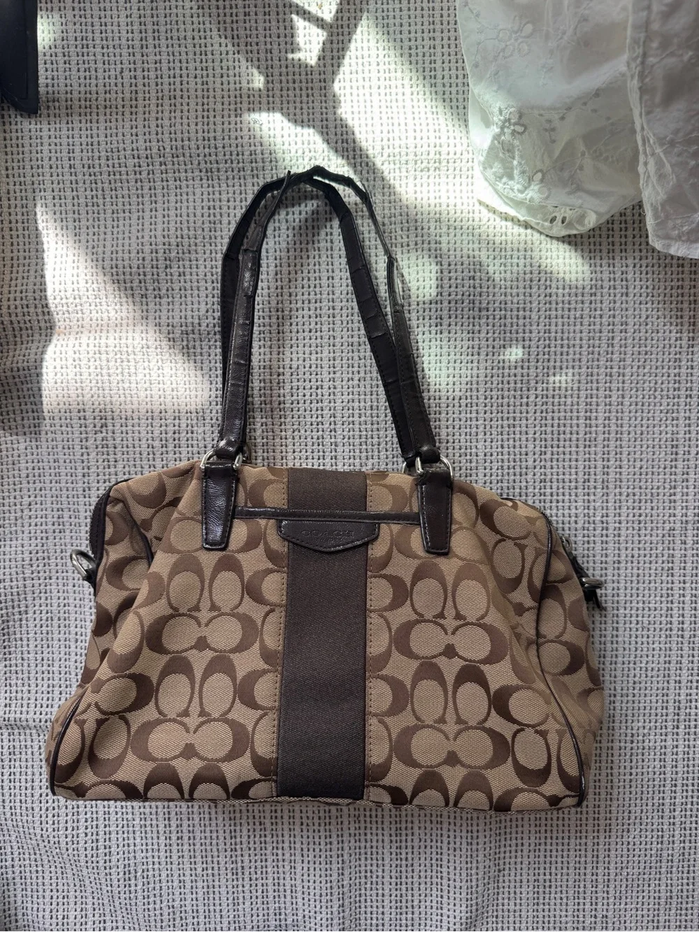 Coach Brown Signature Canvas Shoulder Bag with Dark Brown Trim